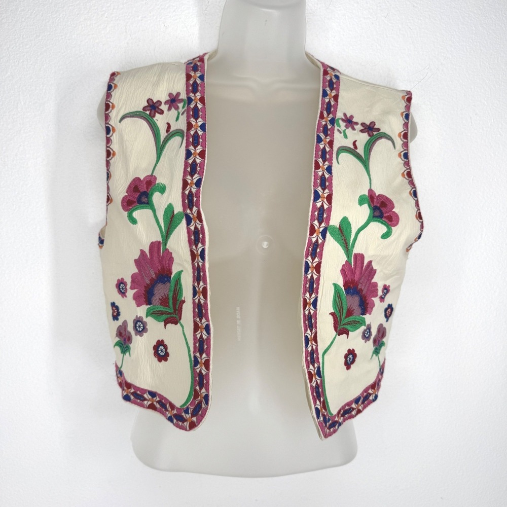 Womens Floral Embroidered Boho Cropped Bolero Vest Cream Pink Size S Folk Indie